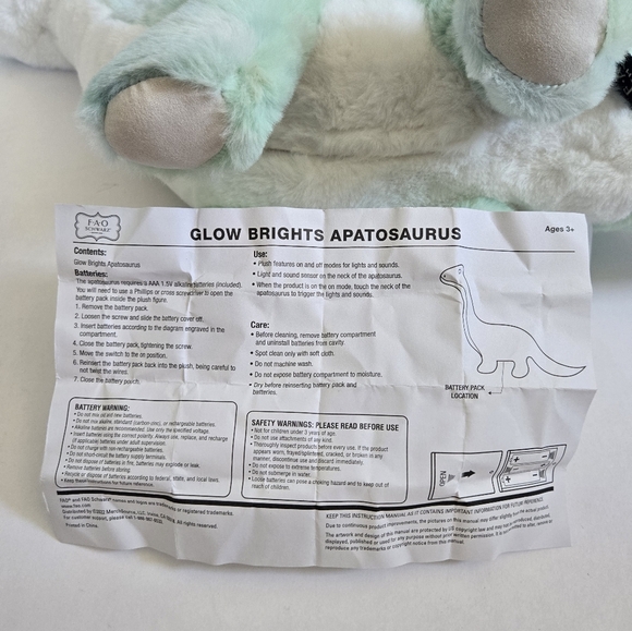 Fao Schwarz 12" Glow Brights LED with Sound Apatosaurus Dinosaur Toy Plush - Picture 7 of 11
